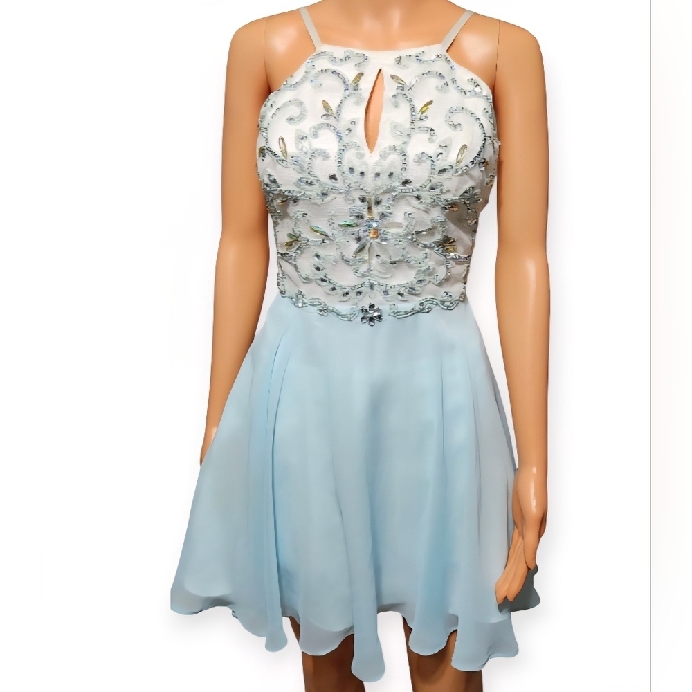 Xscape Blue and White Embellished Mini Dress - Picture 5 of 8
